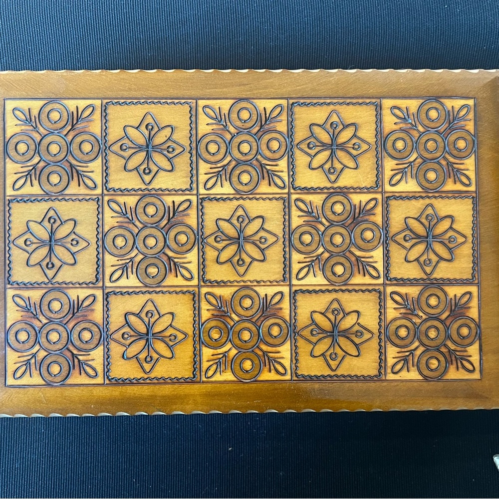 Vintage Poland made Wooden box with carved floral pattern.